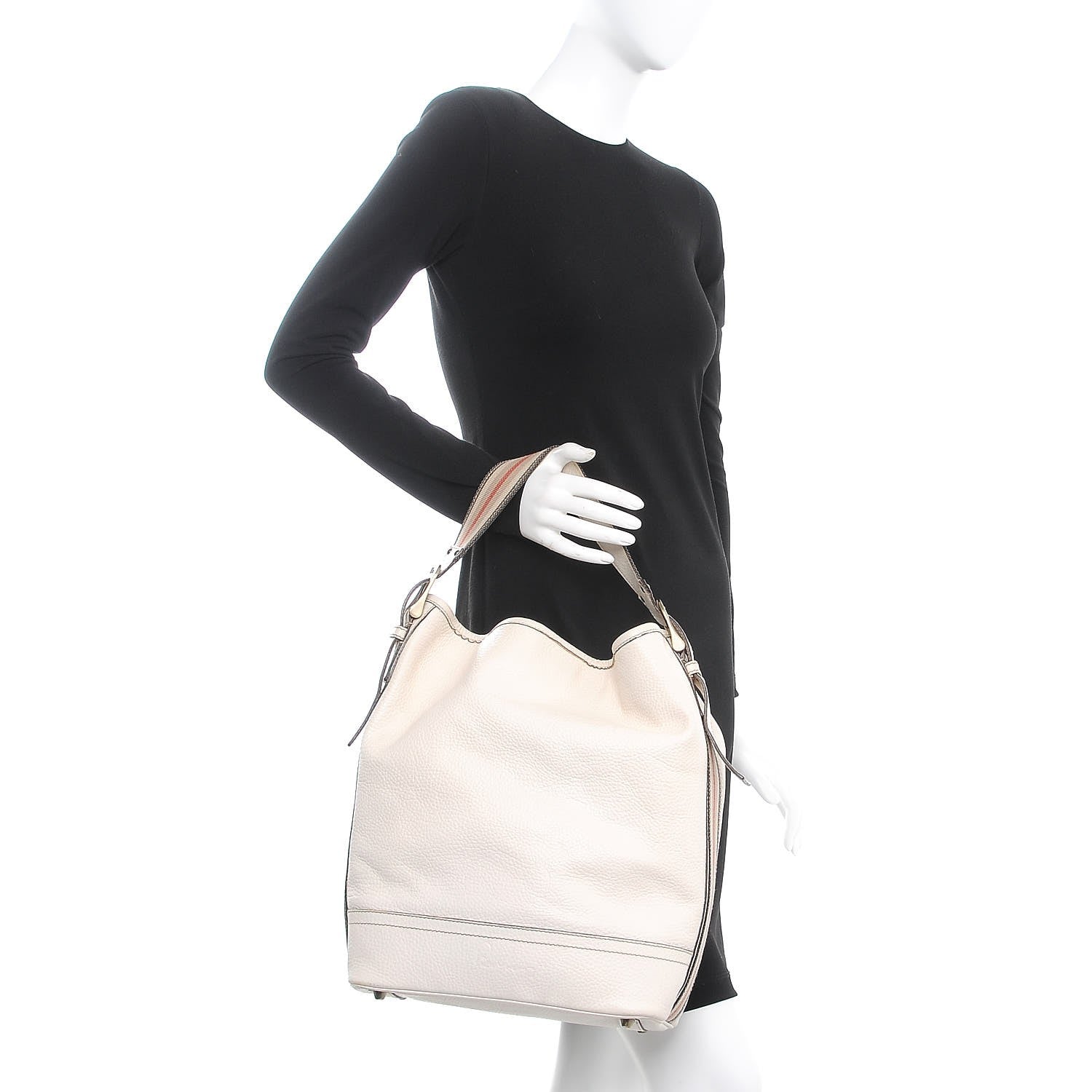 Burberry Calfskin Stripe Bucket Hobo Bag Off White 2 of 19