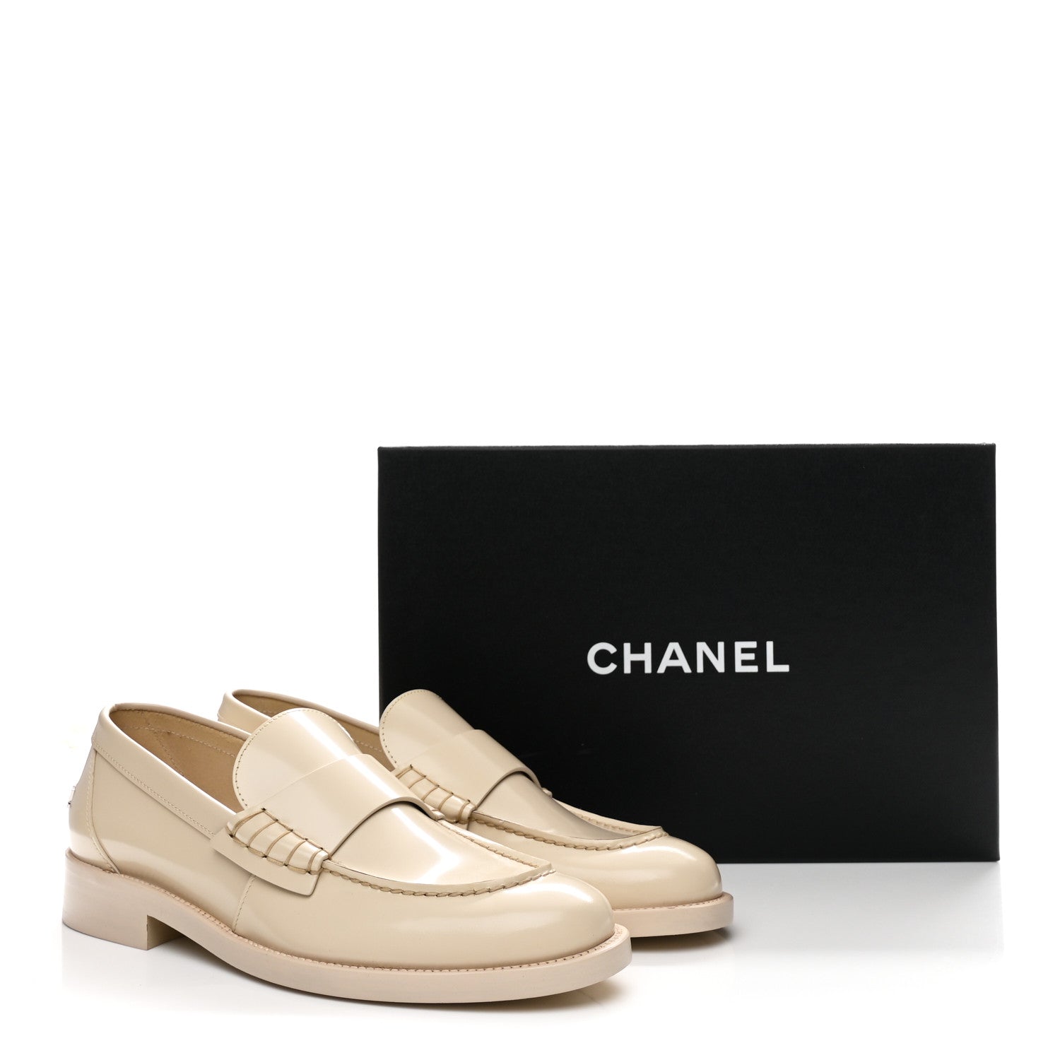Chanel Shiny Calfskin Logo Loafers 39.5 Beige 11 of 11