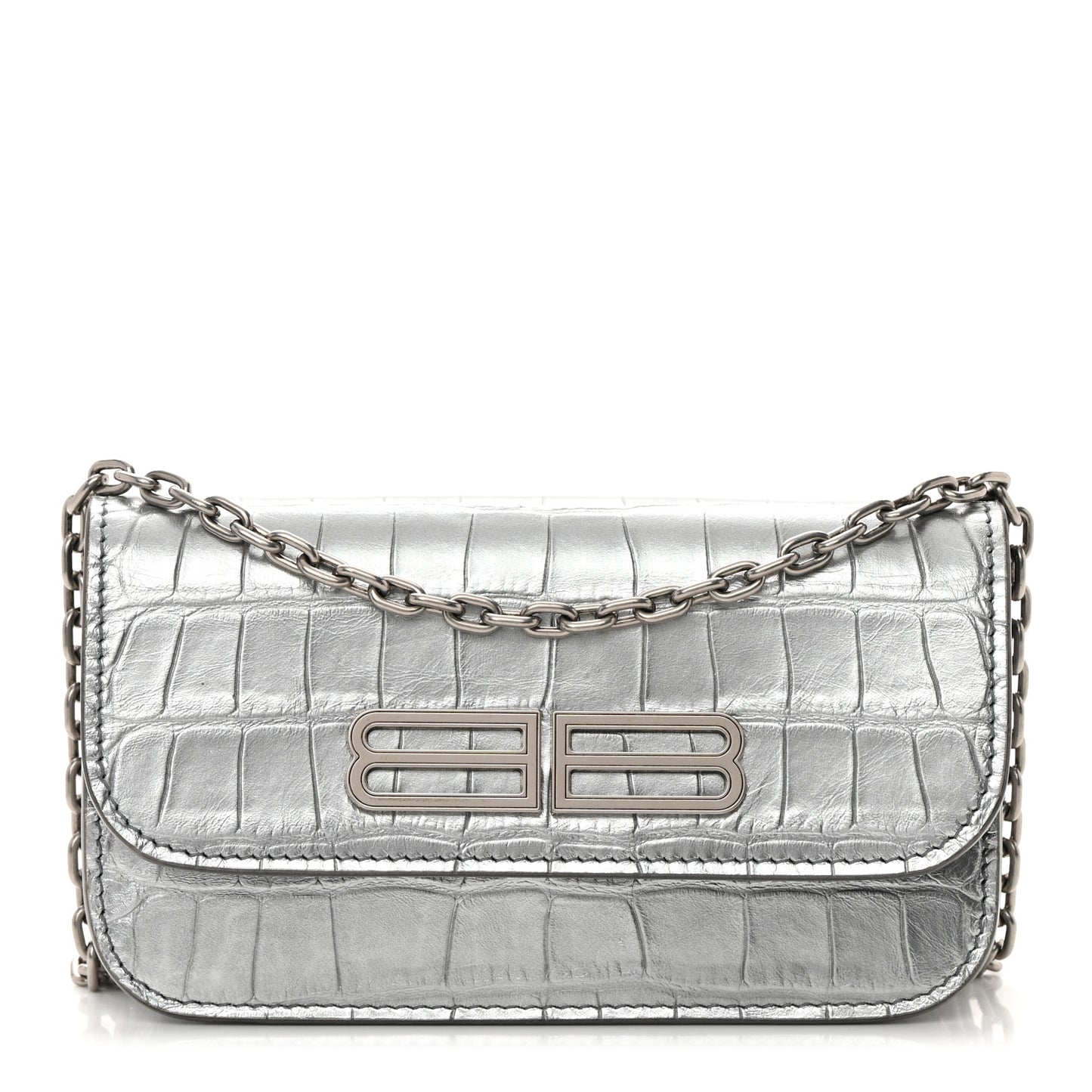 Metallic Extra Supple Calfskin Crocodile Embossed Gossip Wallet On Chain Silver