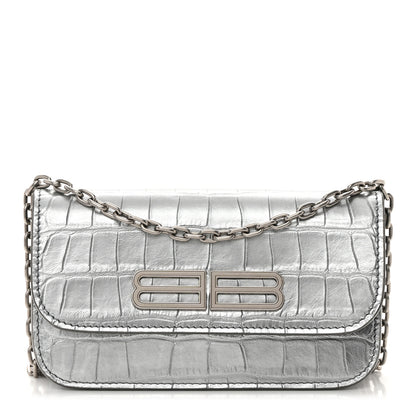 Balenciaga Metallic Extra Supple Calfskin Crocodile Embossed Gossip Wallet On Chain Silver 1 of 16