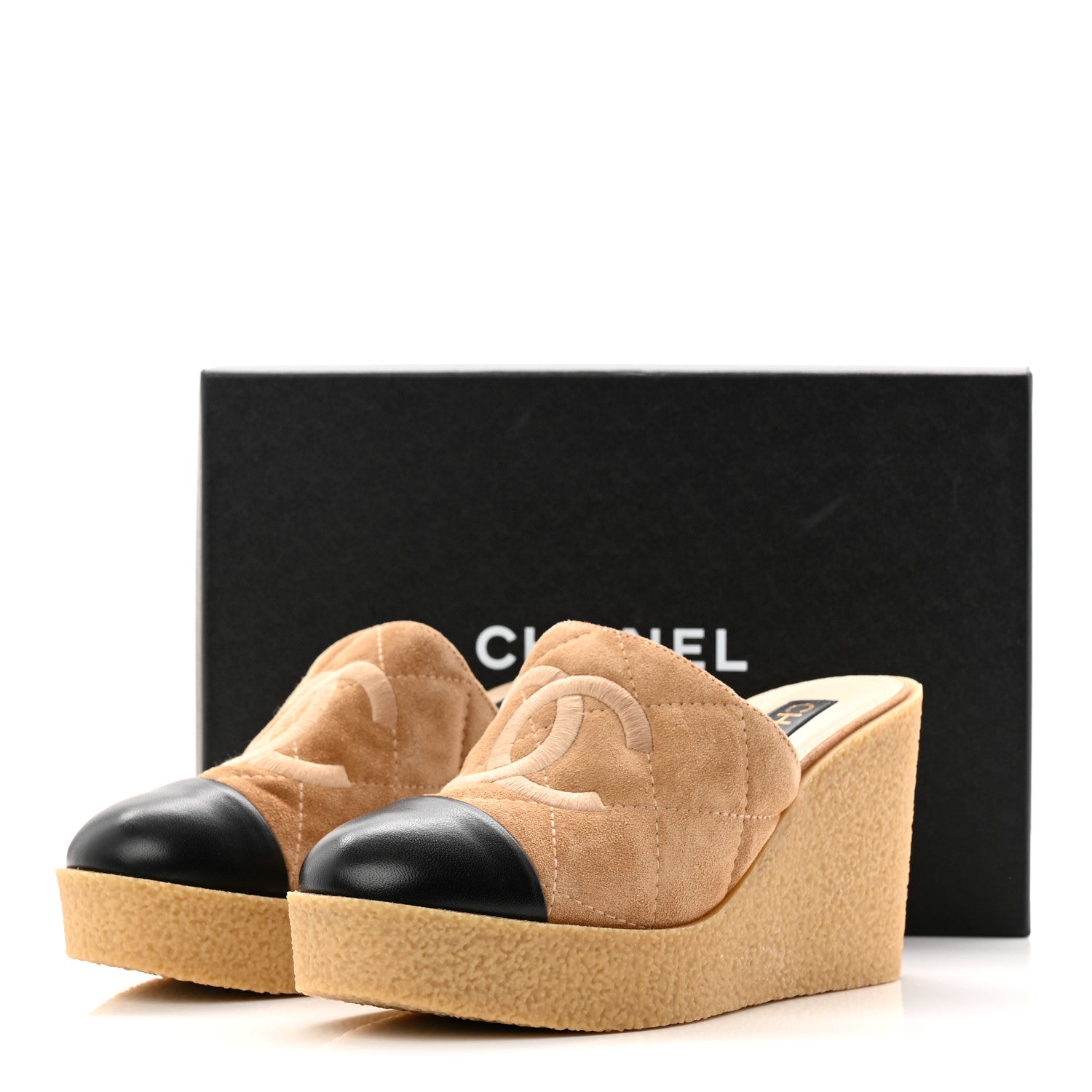 Chanel Suede Calfskin Lambskin Quilted CC Mules 40 Beige Black 10 of 10