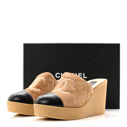 Chanel Suede Calfskin Lambskin Quilted CC Mules 40 Beige Black 10 of 10