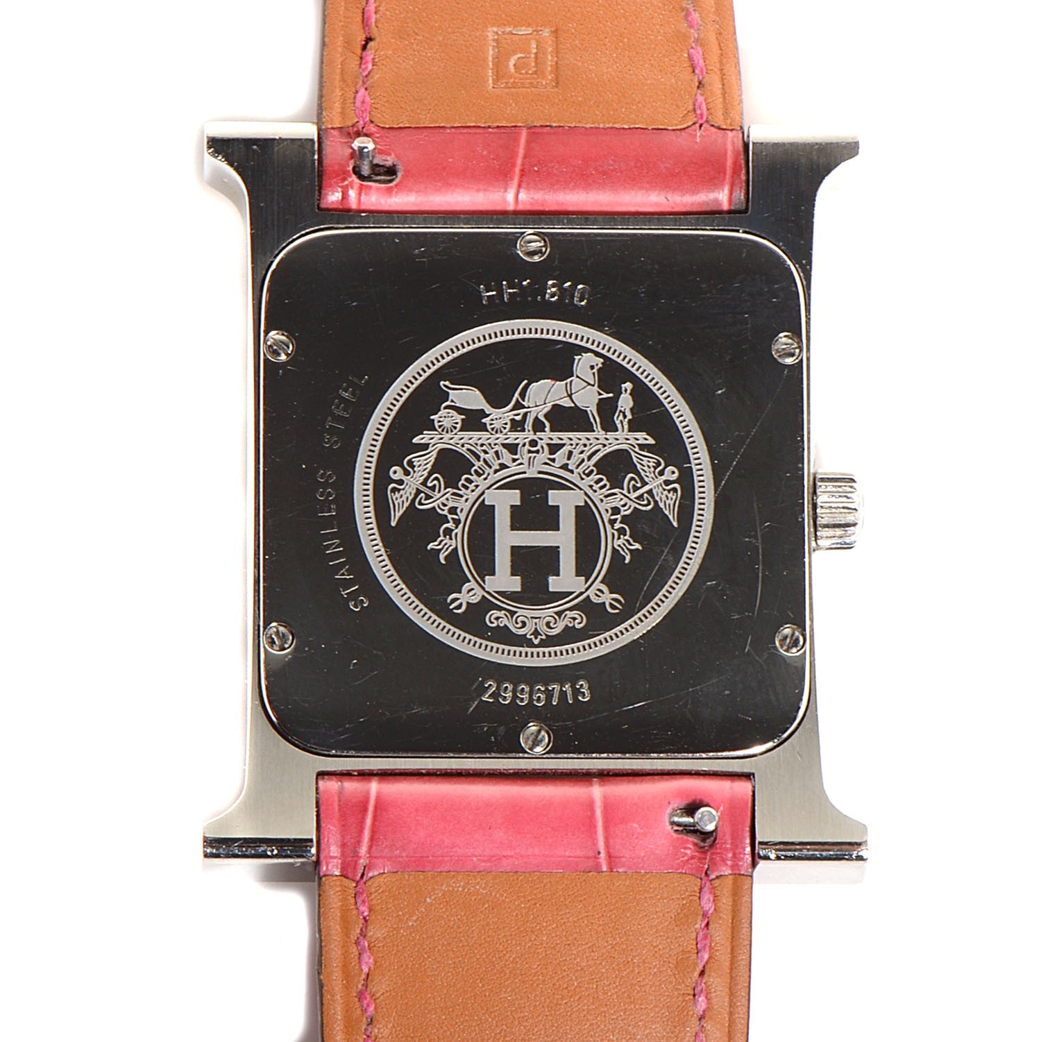 Hermes Stainless Steel Alligator Diamond 30.5mm H Heure Hour Quartz Watch Framboise 3 of 8