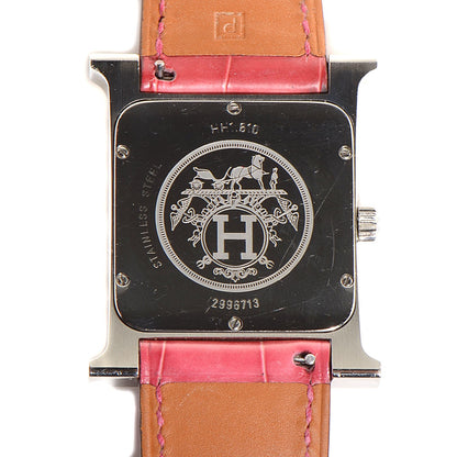Hermes Stainless Steel Alligator Diamond 30.5mm H Heure Hour Quartz Watch Framboise 3 of 8