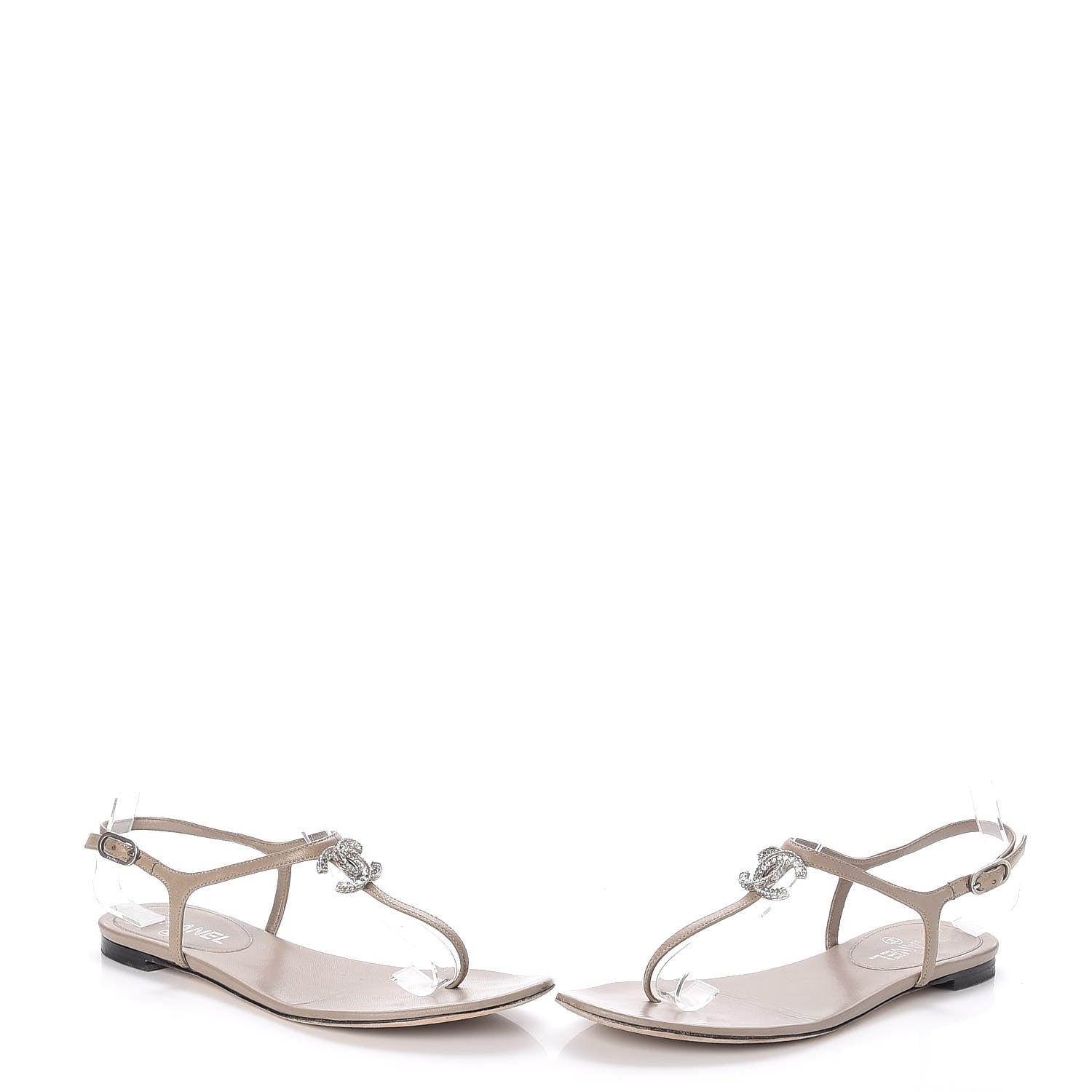 Chanel Lambskin Crystal CC Thong Sandals 38 Taupe 6 of 11