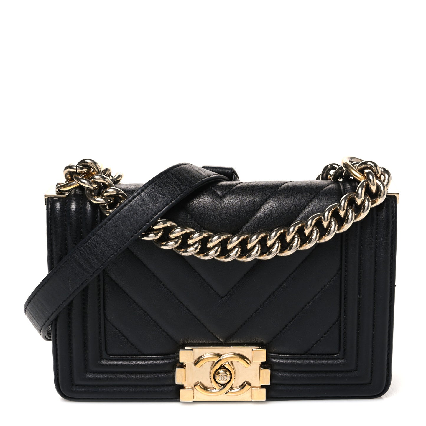 Calfskin Chevron Quilted Small Boy Flap Black