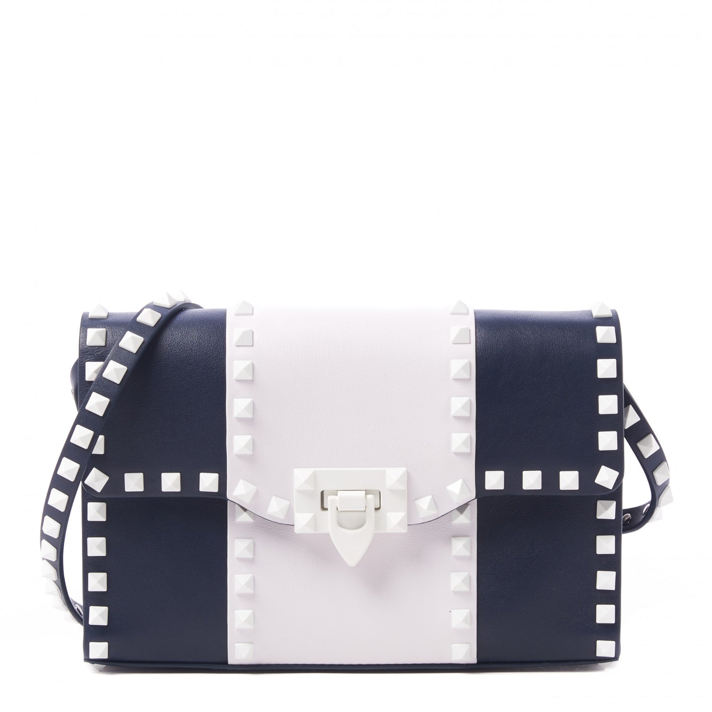 Vitello Colorblock Medium Free Rockstud Flip Lock Crossbody Bag Marine White