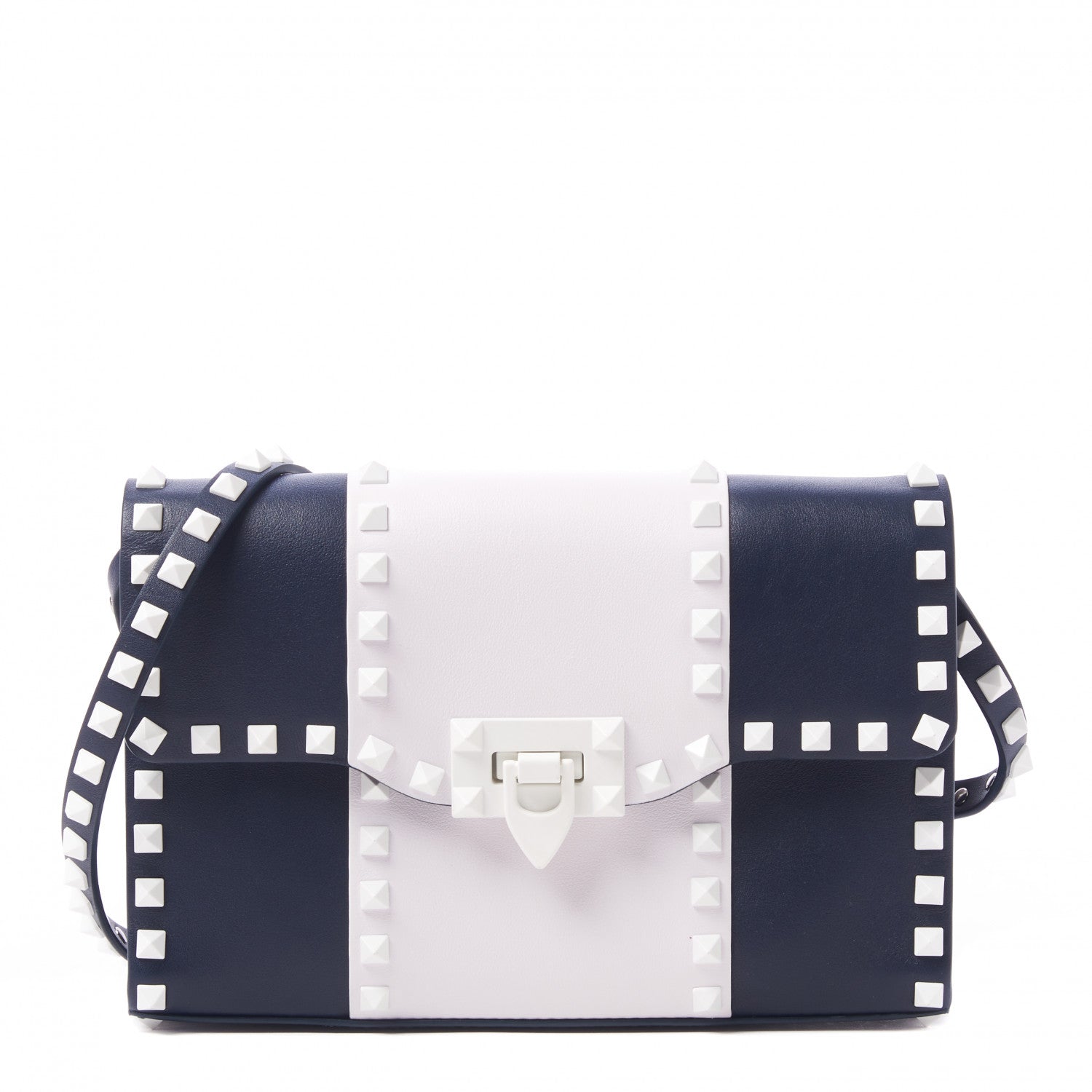 Valentino Garavani Vitello Colorblock Medium Free Rockstud Flip Lock Crossbody Bag Marine White 1 of 11