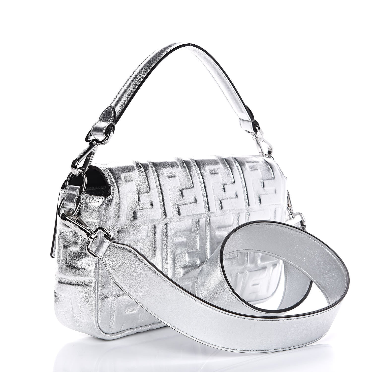 Fendi Vitello Catalan Mirror FF 1974 Embossed Baguette Argento 3 of 11