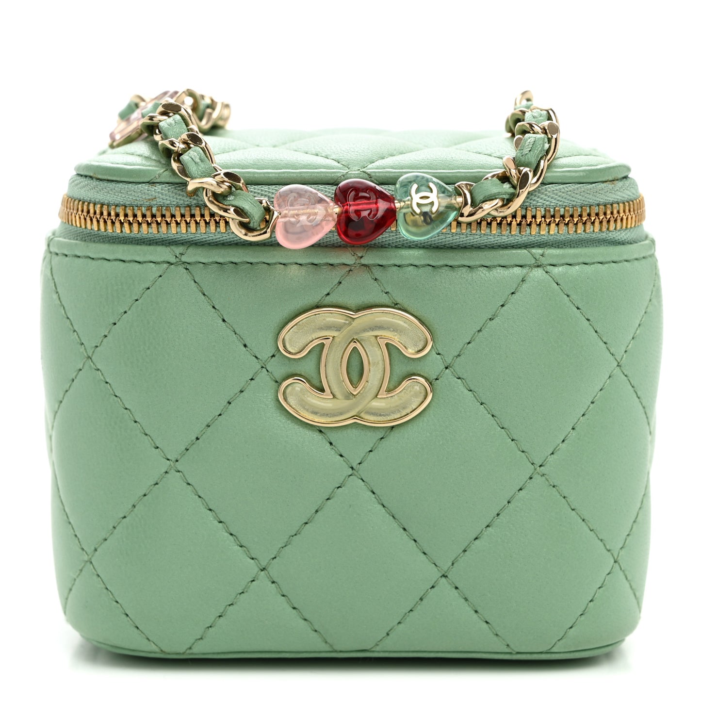 Lambskin Resin Quilted Mini Heart Mini Vanity Case With Chain Light Green