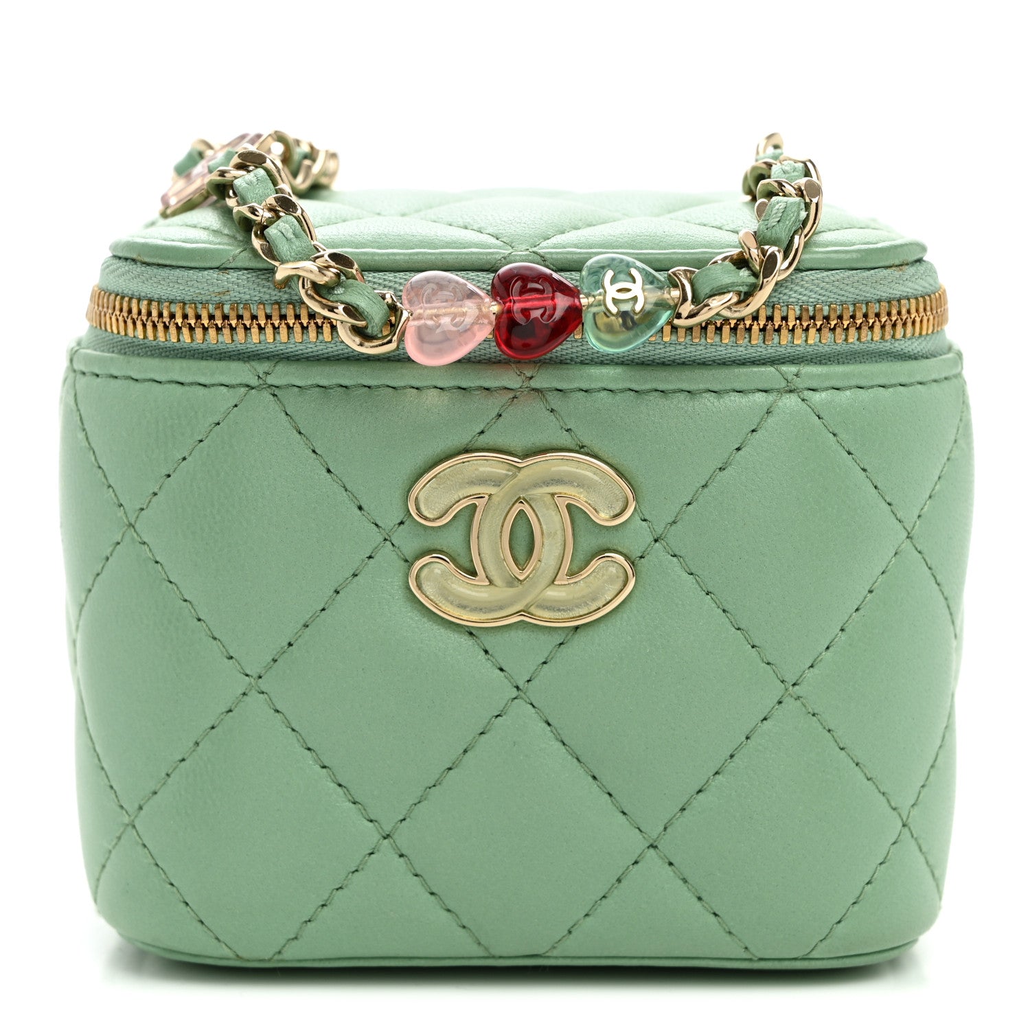 Chanel Lambskin Resin Quilted Mini Heart Mini Vanity Case With Chain Light Green 1 of 10