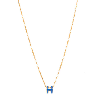 Hermes Lacquered Gold Mini Pop H Pendant Necklace Bleu Sature 1 of 8