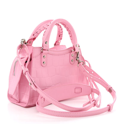 Balenciaga Semi Shiny Calfskin Crocodile Embossed Neo Classic Silver Hardware Mini City Pink 3 of 10