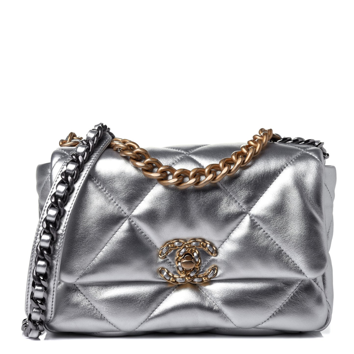 Metallic Goatskin Quilted Medium Chanel 19 Flap Silver