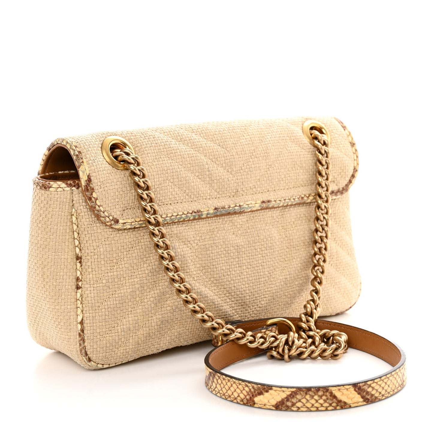 Raffia Elaphe Matelasse Small GG Marmont Shoulder Bag Natural Cream Brown