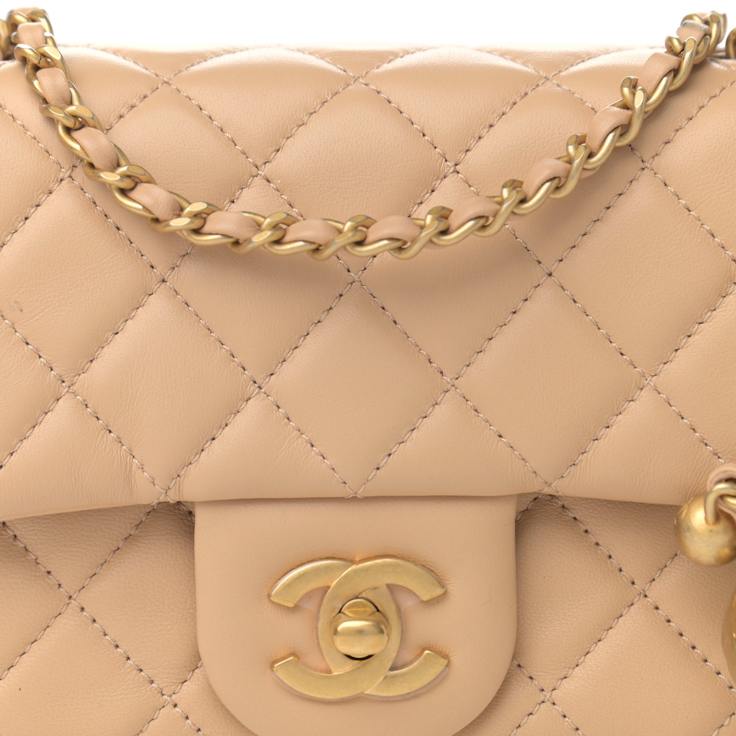 Lambskin Quilted Mini Pearl Crush Flap Beige