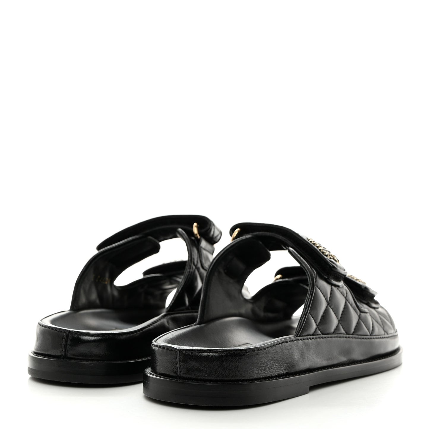 Lambskin Quilted Velcro Dad Chain CC Slide Sandals 37.5 Black