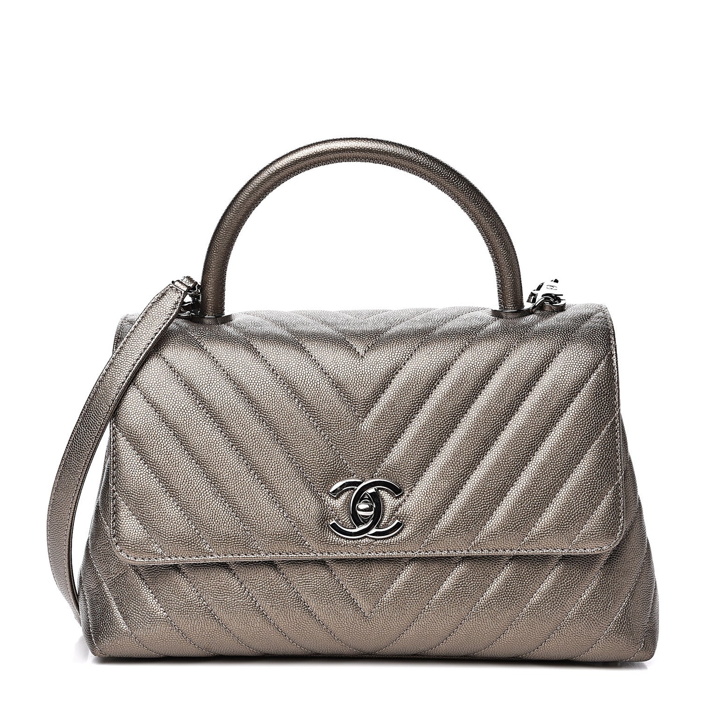 Metallic Caviar Chevron Quilted Small Coco Handle Flap Light Gold