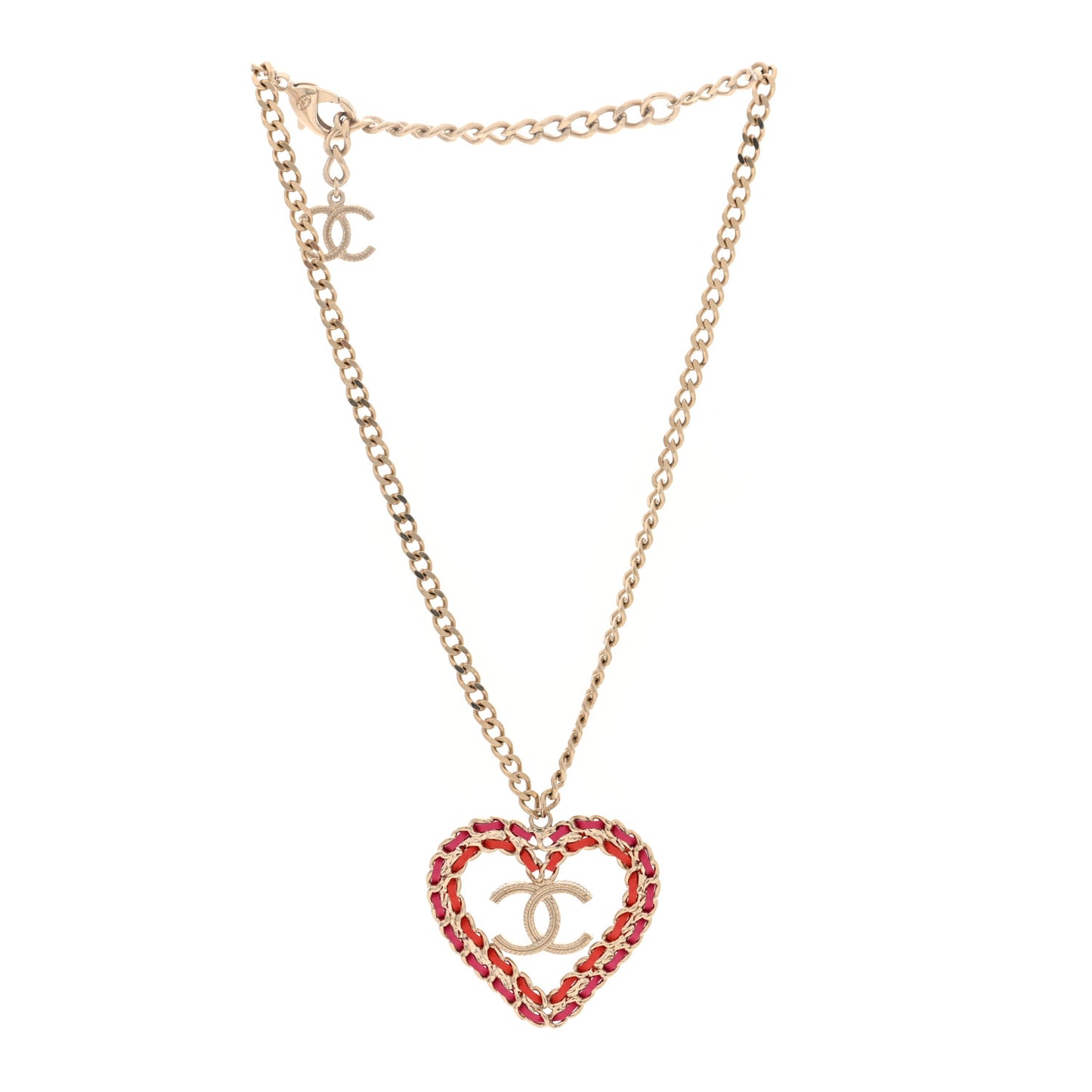 Metal Lambskin Chain CC Heart Necklace Pink Red Gold