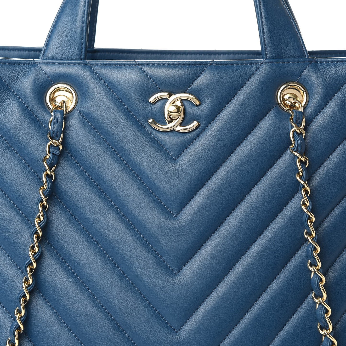 Calfskin Chevron Quilted Statement Shopping Tote Blue