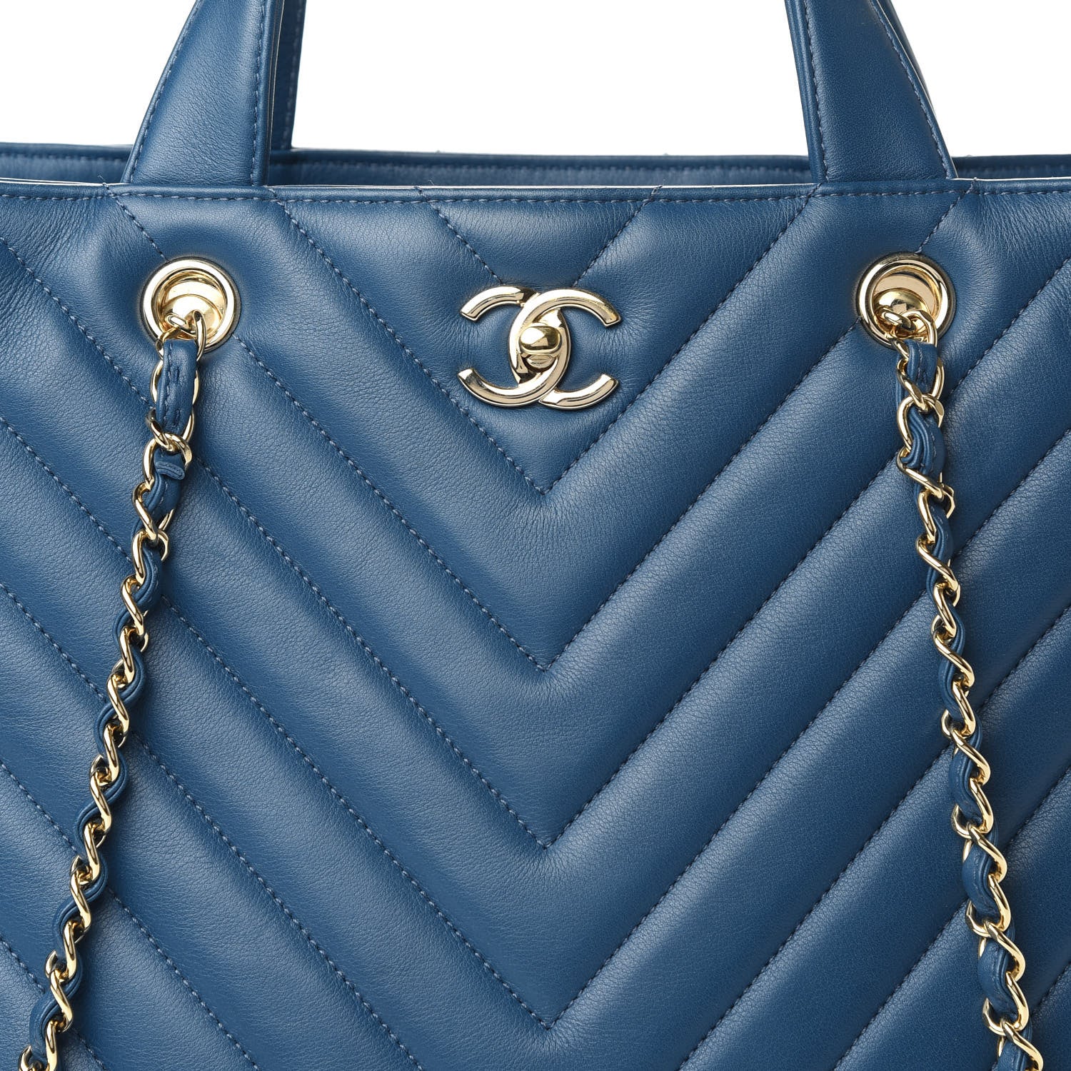 Chanel Calfskin Chevron Quilted Statement Shopping Tote Blue 10 of 10