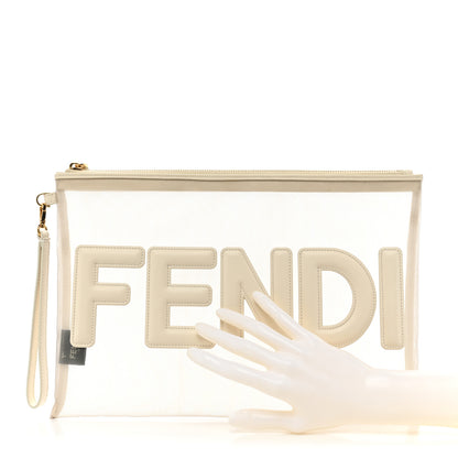 Fendi Mesh Vitello King Logo Embroidered Large Flat Pouch Sabbia White Ice 2 of 11