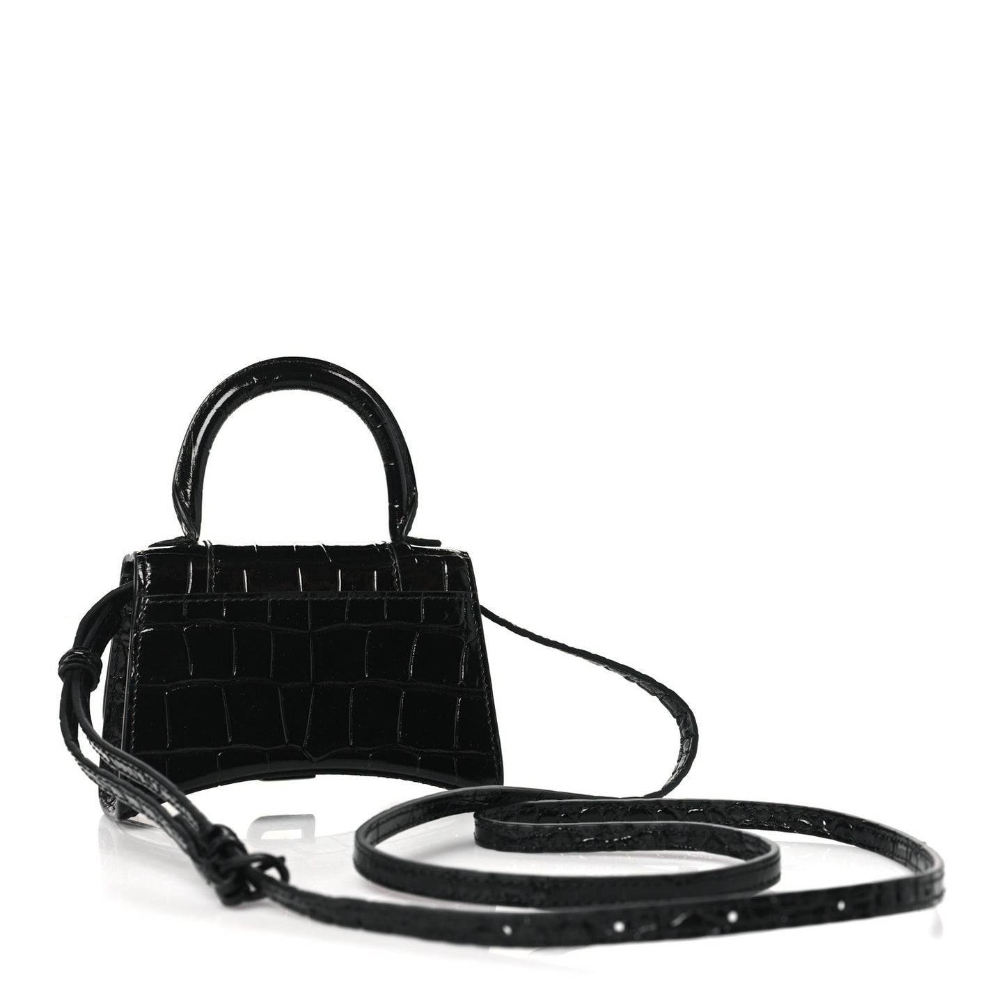 Shiny Calfskin Monochrome Crocodile Embossed Hourglass Top Handle Bag Mini Black