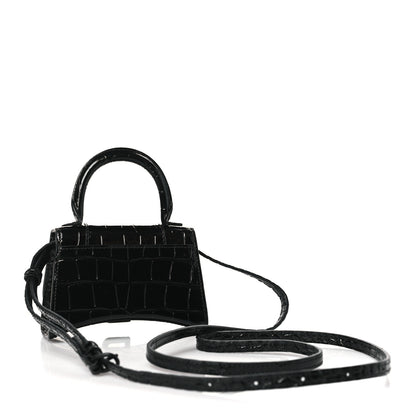 Balenciaga Shiny Calfskin Monochrome Crocodile Embossed Hourglass Top Handle Bag Mini Black 3 of 9
