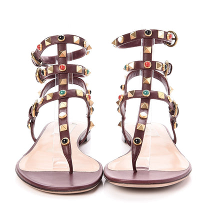 Valentino Garavani Calfskin Rockstud Rolling Cabochon Ankle Wrap Flat Thong Sandals 37.5 Cacao 2 of 8