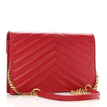 Saint Laurent Grain De Poudre Matelasse Chevron Monogram Envelope Chain Wallet New Red 3 of 15