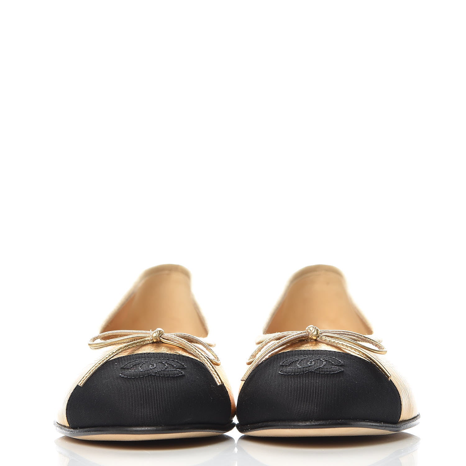 Chanel Laminated Lambskin Grosgrain Cap Toe CC Ballerina Flats 37.5 Gold Black 2 of 9