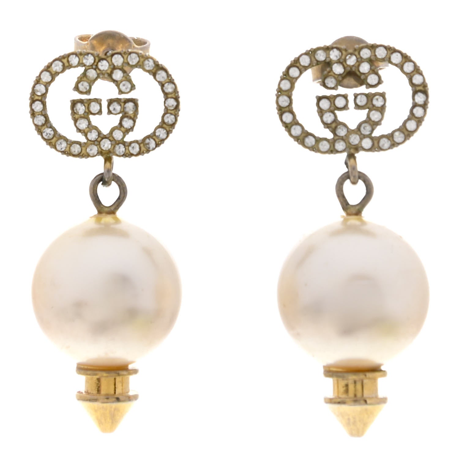 Gucci Metal Crystal Pearl Interlocking G Earrings Shiny Gold 1 of 4