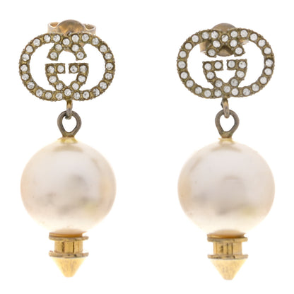 Gucci Metal Crystal Pearl Interlocking G Earrings Shiny Gold 1 of 4