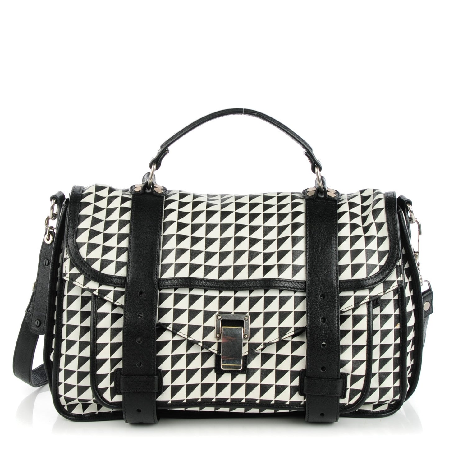 Calfskin Triangle Print Medium PS1 Satchel Black White