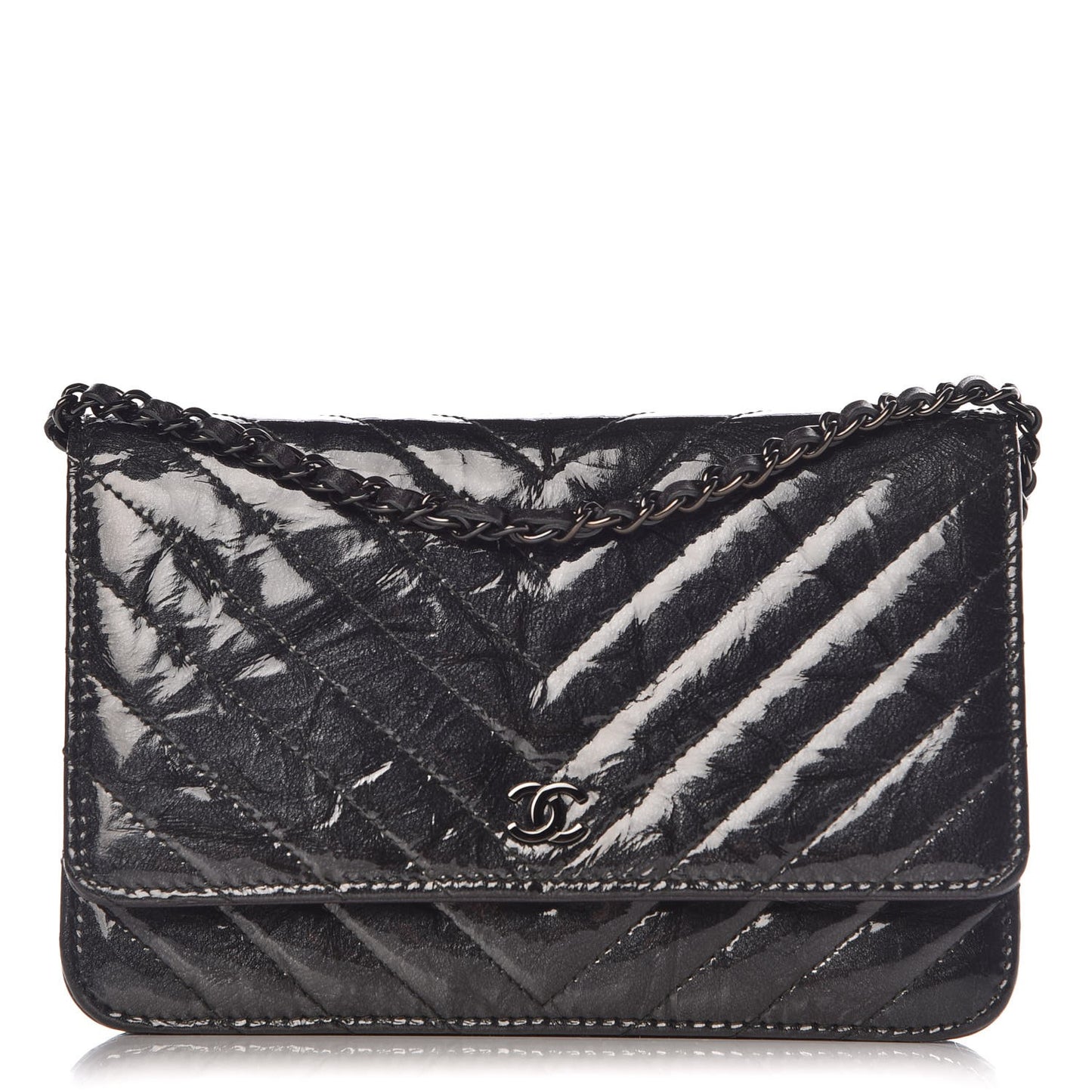 Patent Metallic Crumpled Calfskin Chevron Quilted Wallet On Chain WOC Black