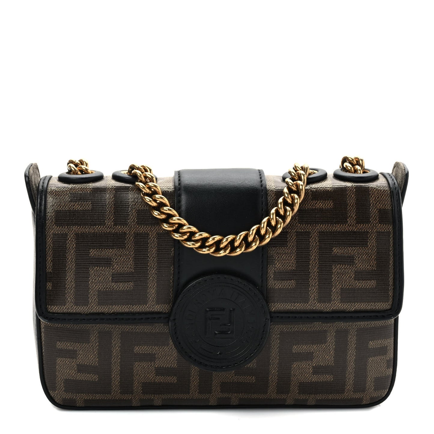 Glazed Fabric Vitello Century FF 1974 Stamp Patch Mini Double F Crossbody Bag Mogano Panna Black