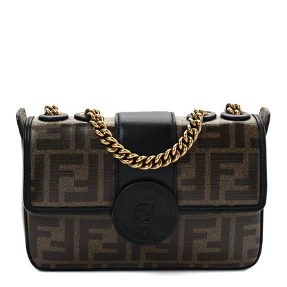 Fendi Glazed Fabric Vitello Century FF 1974 Stamp Patch Mini Double F Crossbody Bag Mogano Panna Black 1 of 9