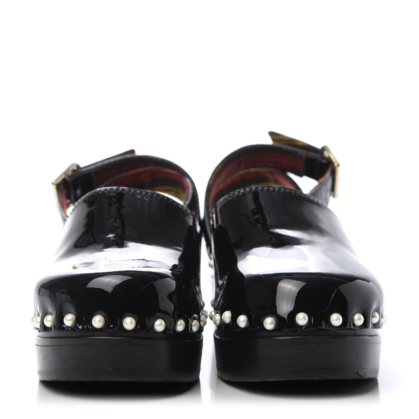 Patent Calfskin Pearl Ankle Strap Clogs 37 Black