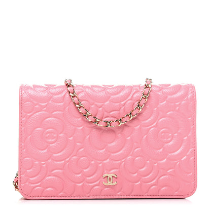 Chanel Lambskin Camellia Embossed Wallet On Chain WOC Pink 2 of 9