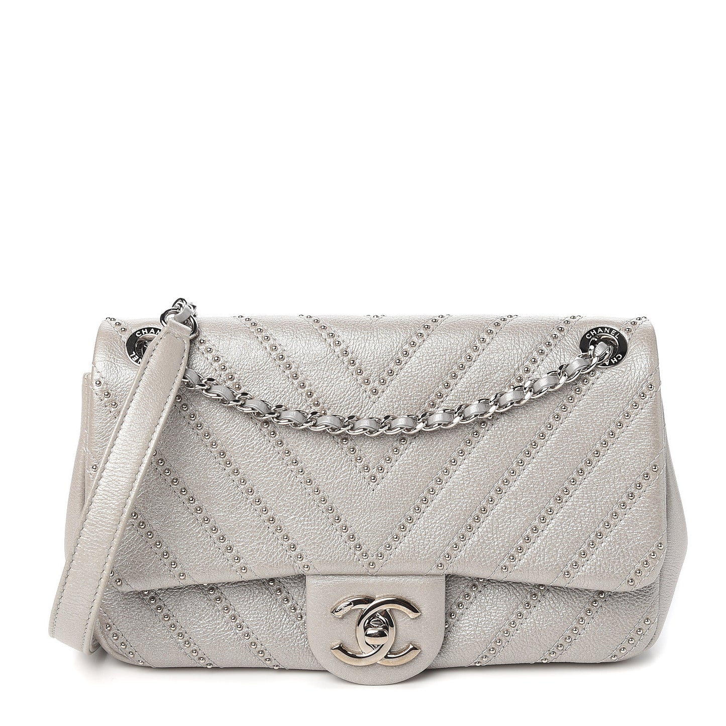 Calfskin Studded Chevron Quilted Small Stud Wars Flap Silver