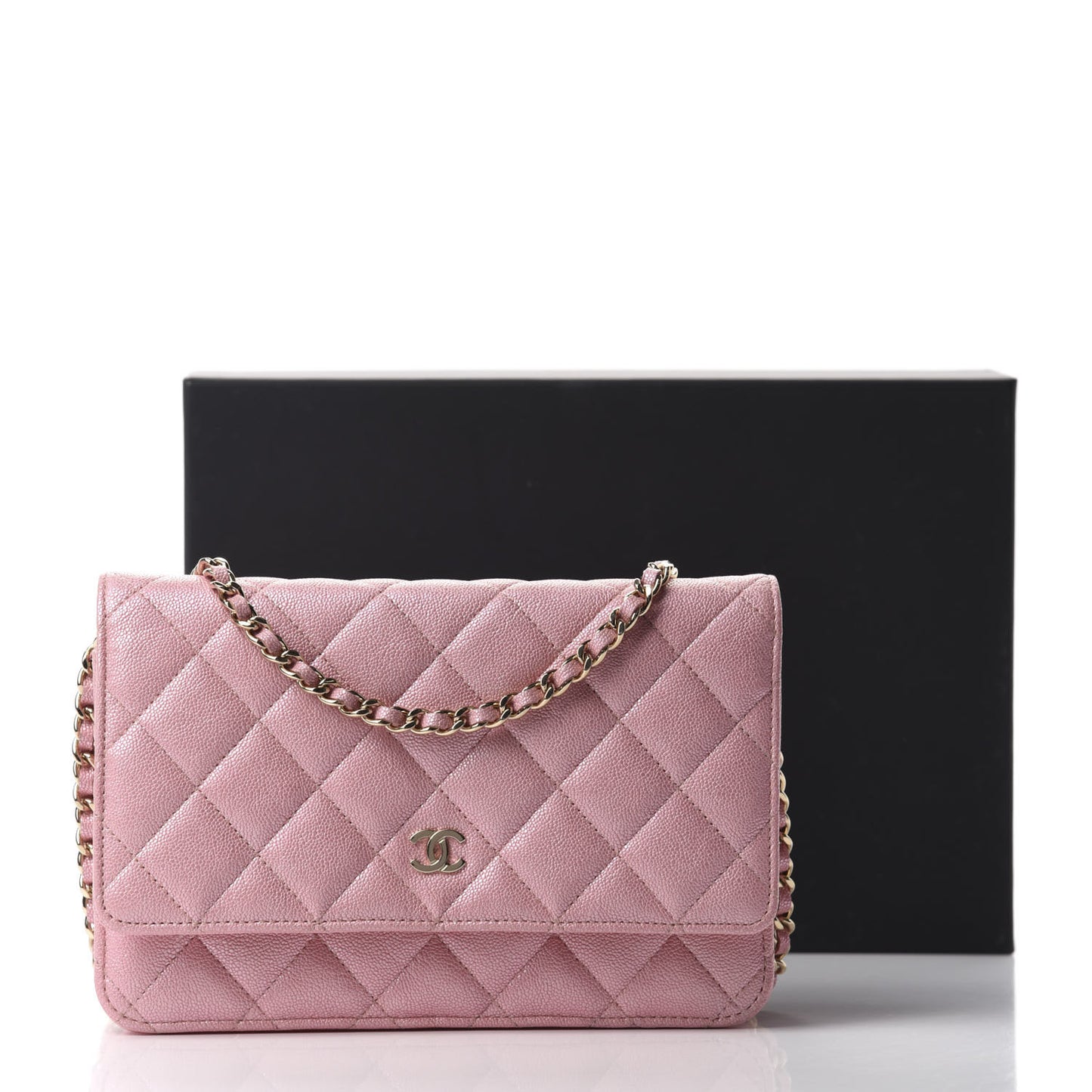 Iridescent Caviar Quilted Wallet on Chain WOC Rose Pink