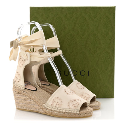 Gucci Canvas Damita GG Eyelet Espadrille Wedge Sandals 37.5 Ivory 10 of 10