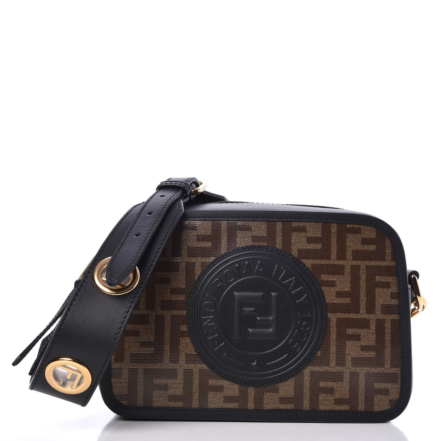 Glazed Fabric Vitello Century F is Fendi FF 1974 Stamp Patch Camera Case Mogano Panna Black