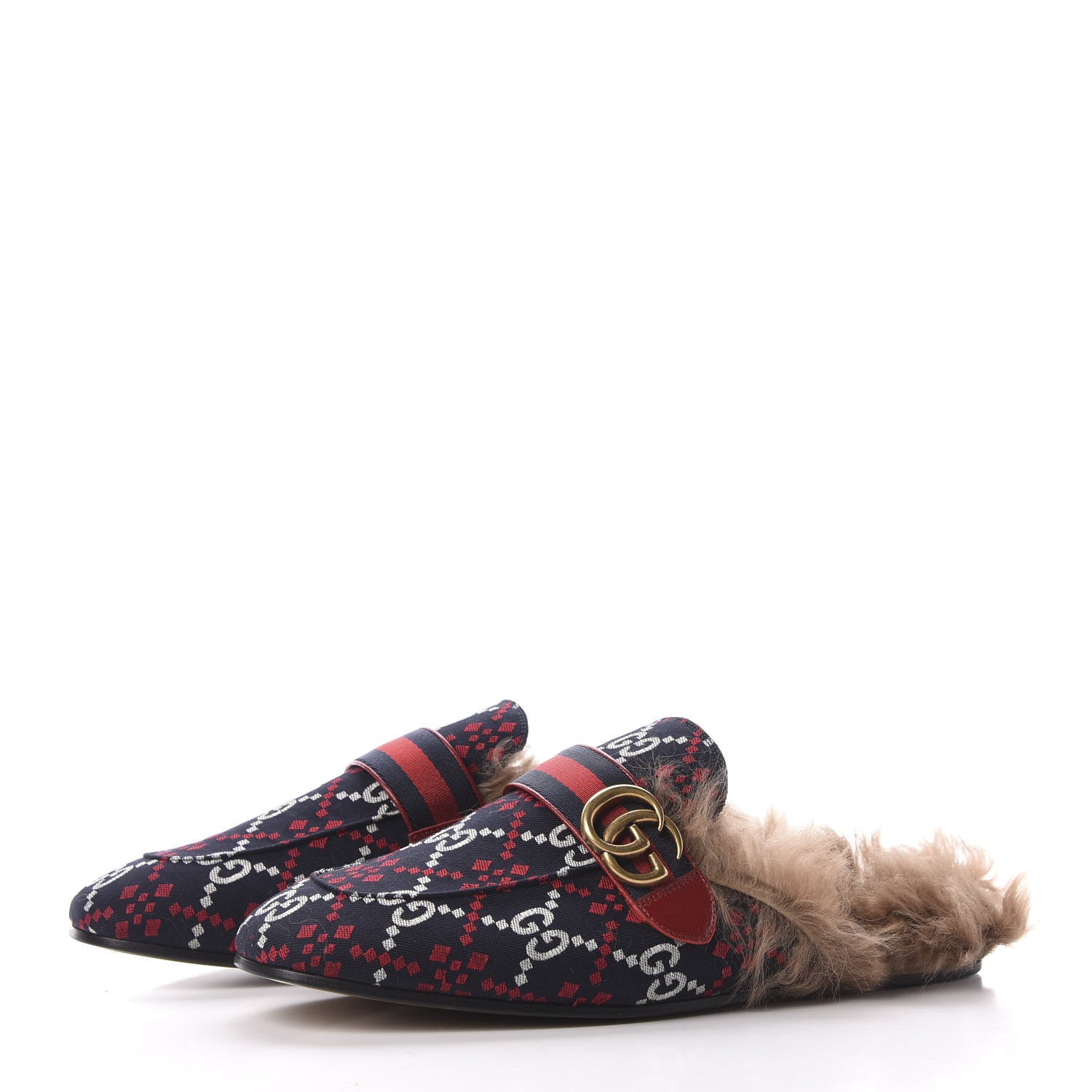 Gucci Canvas GG Monogram Diamond Fur Web GG Mens Princetown Slippers 9 Midnight Blue Hibiscus Red 2 of 8