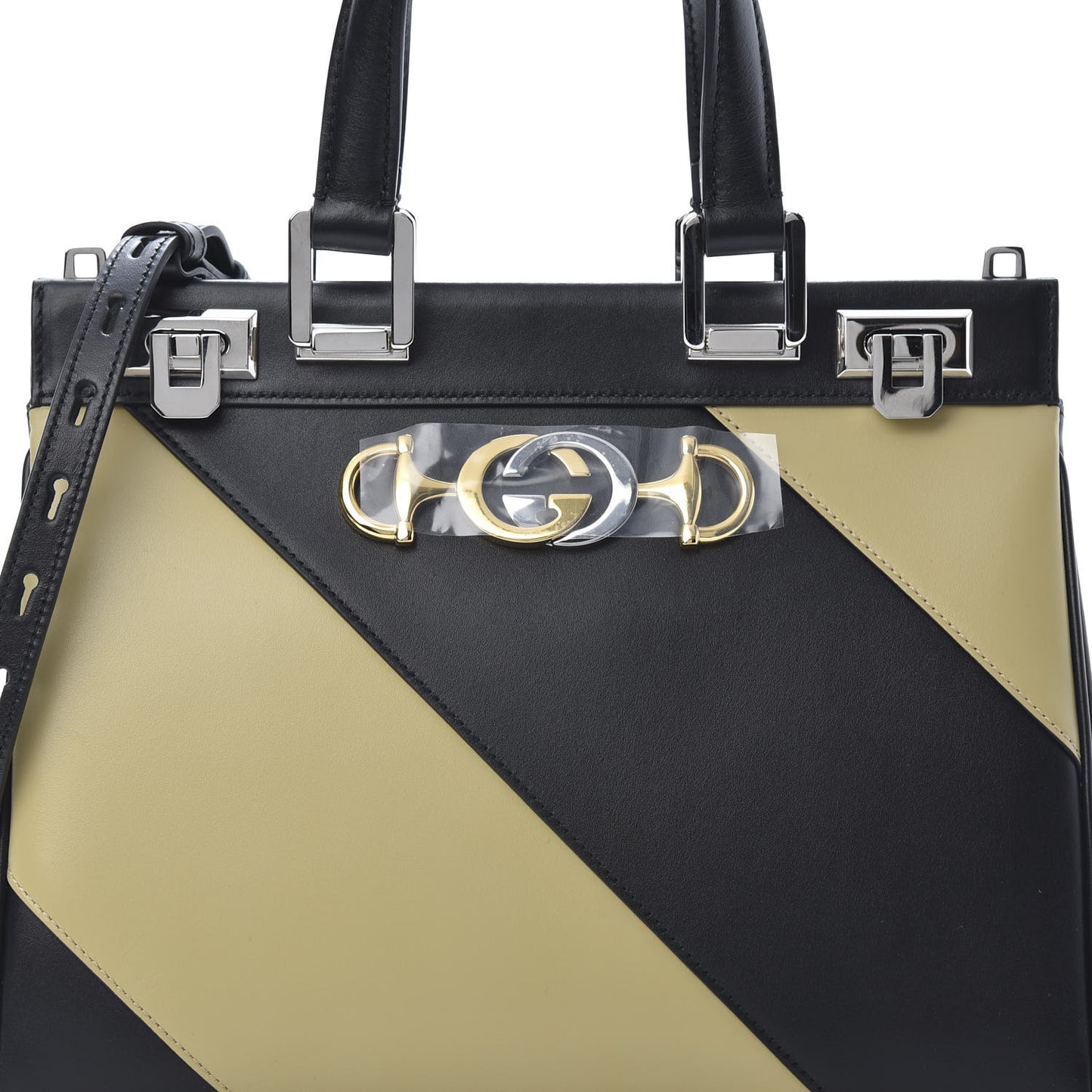 Smooth Calfskin Diagonal Striped Small Zumi Top Handle Bag Black Beige