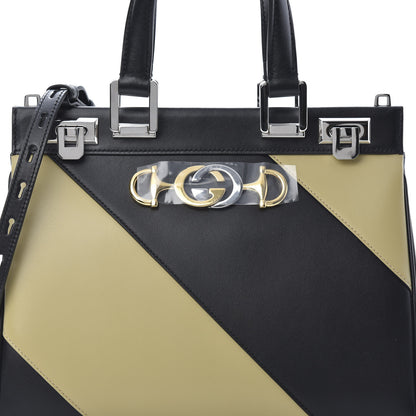 Gucci Smooth Calfskin Diagonal Striped Small Zumi Top Handle Bag Black Beige 9 of 11