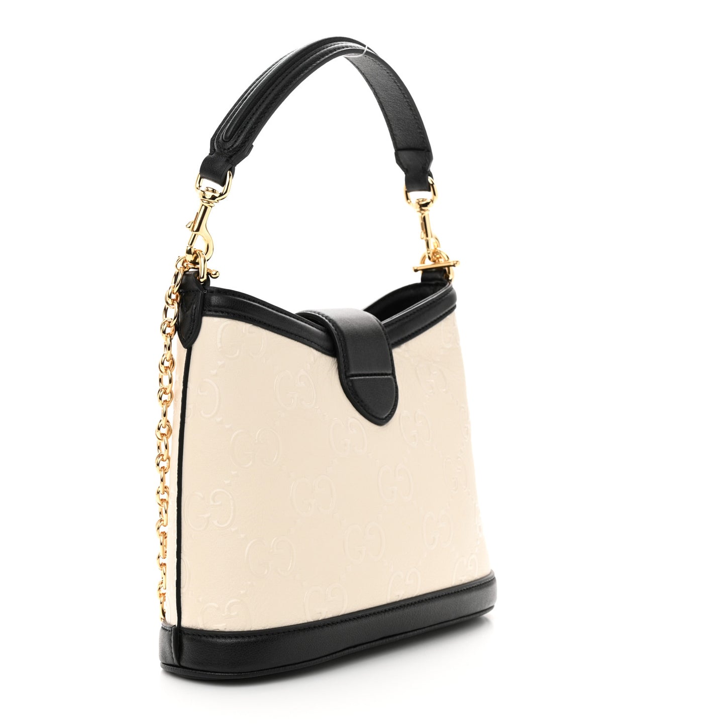 Wonka Grain Calfskin GG Monogram Debossed Small Padlock Shoulder Bag Mystic White Black