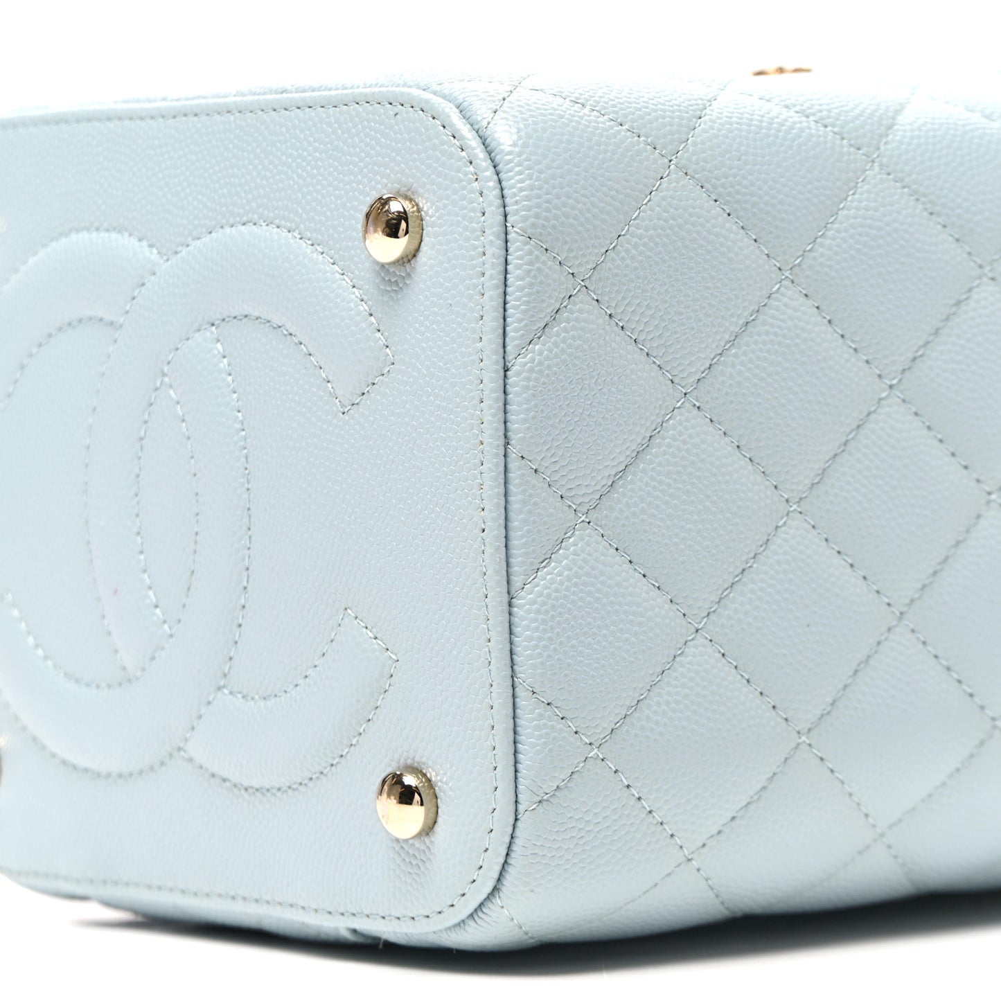 Caviar Quilted Small Top Handle Vanity Case With Chain Light Blue