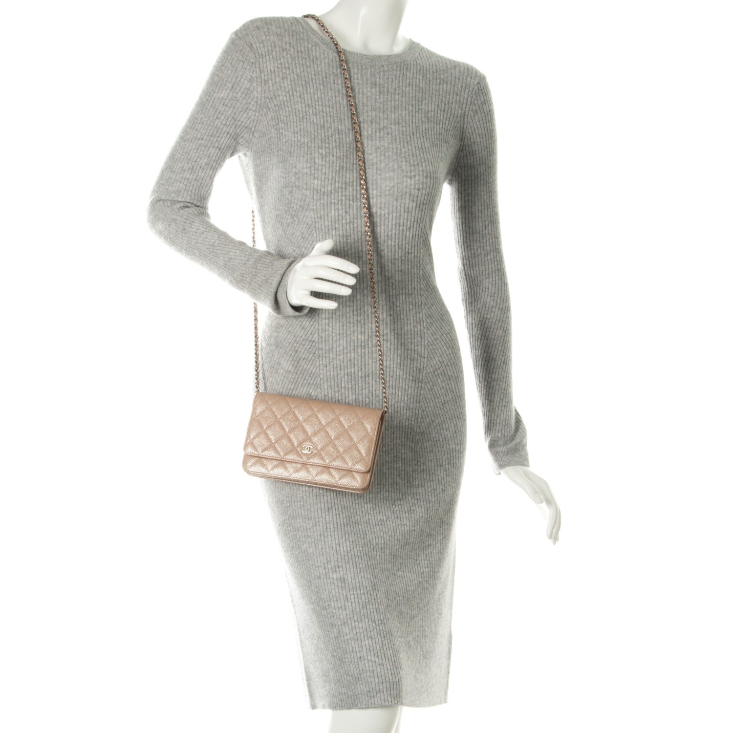 Chanel Metallic Caviar Quilted Wallet on Chain WOC Beige 2 of 10
