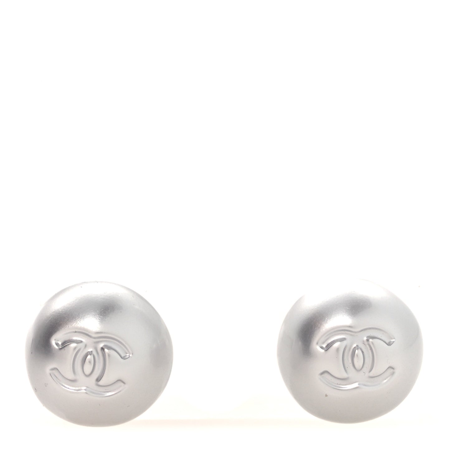 Resin Metal CC Stud Earrings Silver Pearly White